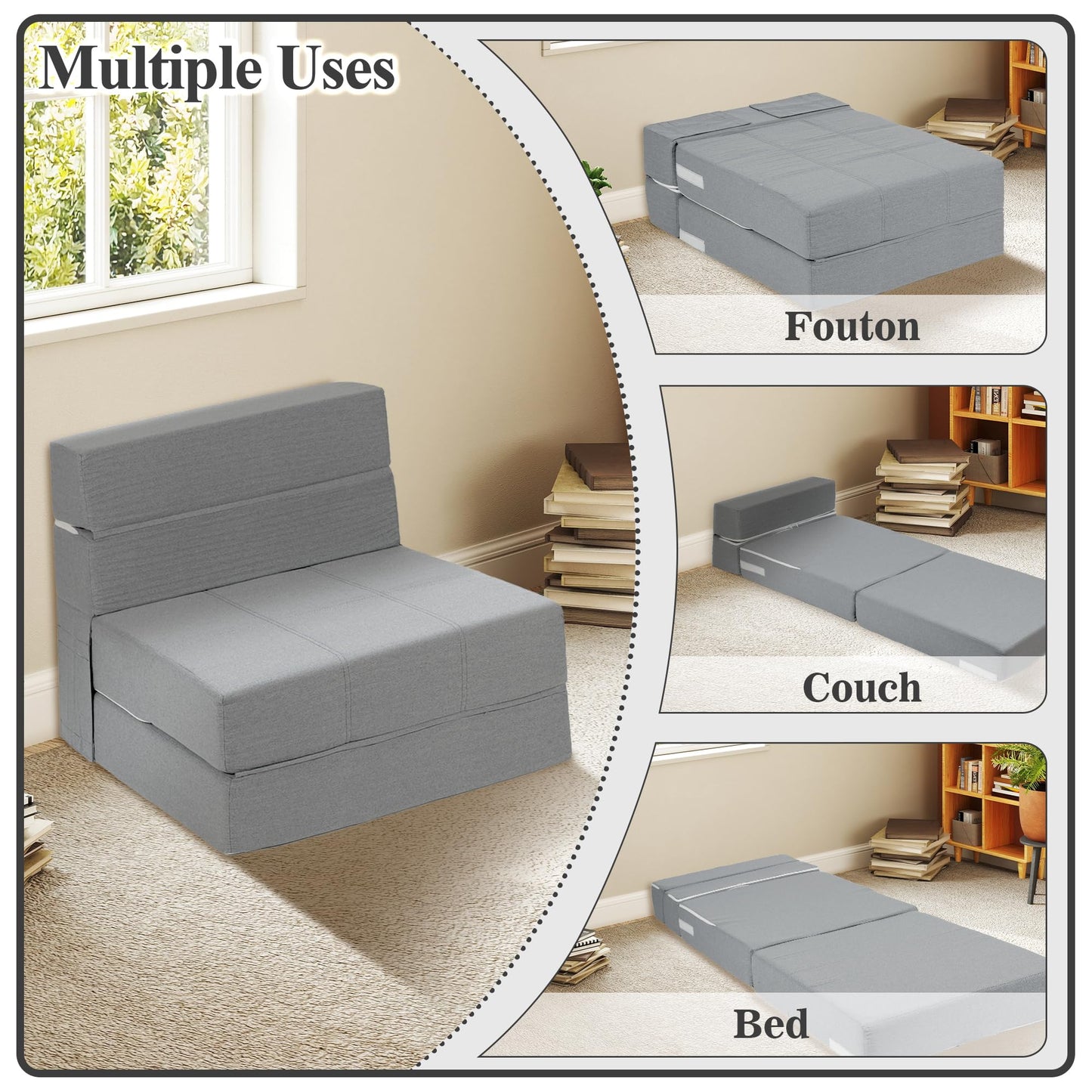 CATMIX Folding Sofa Bed, 7 inch Memory Foam Floor Couch, Convertible Sleeper Foldable Mattress Futon Sofa for Living Room/Home Office/Guest Beds/Apartment/Upstairs Loft, New Light Grey, Single