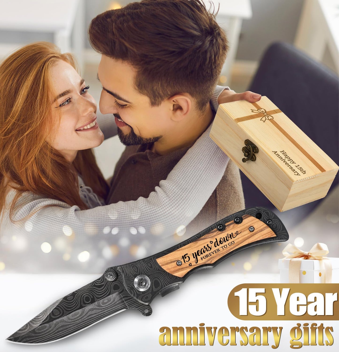 Lanties 15 Years Anniversary Keepsake Gifts for Him Engraved Pocket Knife with Gift Box Happy Tin Anniversary Customized Wedding Birthday Father's Day Gifts for Men Husband
