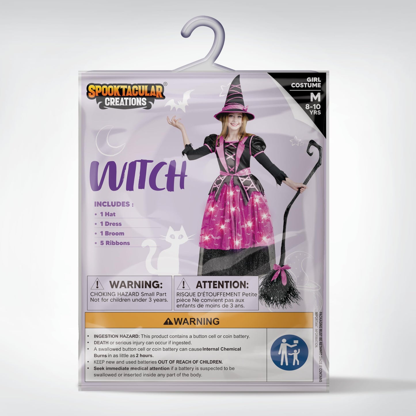 Spooktacular Creations Halloween Witch Costume Kids, Light Up Witch Dress with Hat and Broom for Girls, Toddlers Bat Outfit Set for Halloween Costumes Role Play Parties, Pink (3T(3-4 yrs))