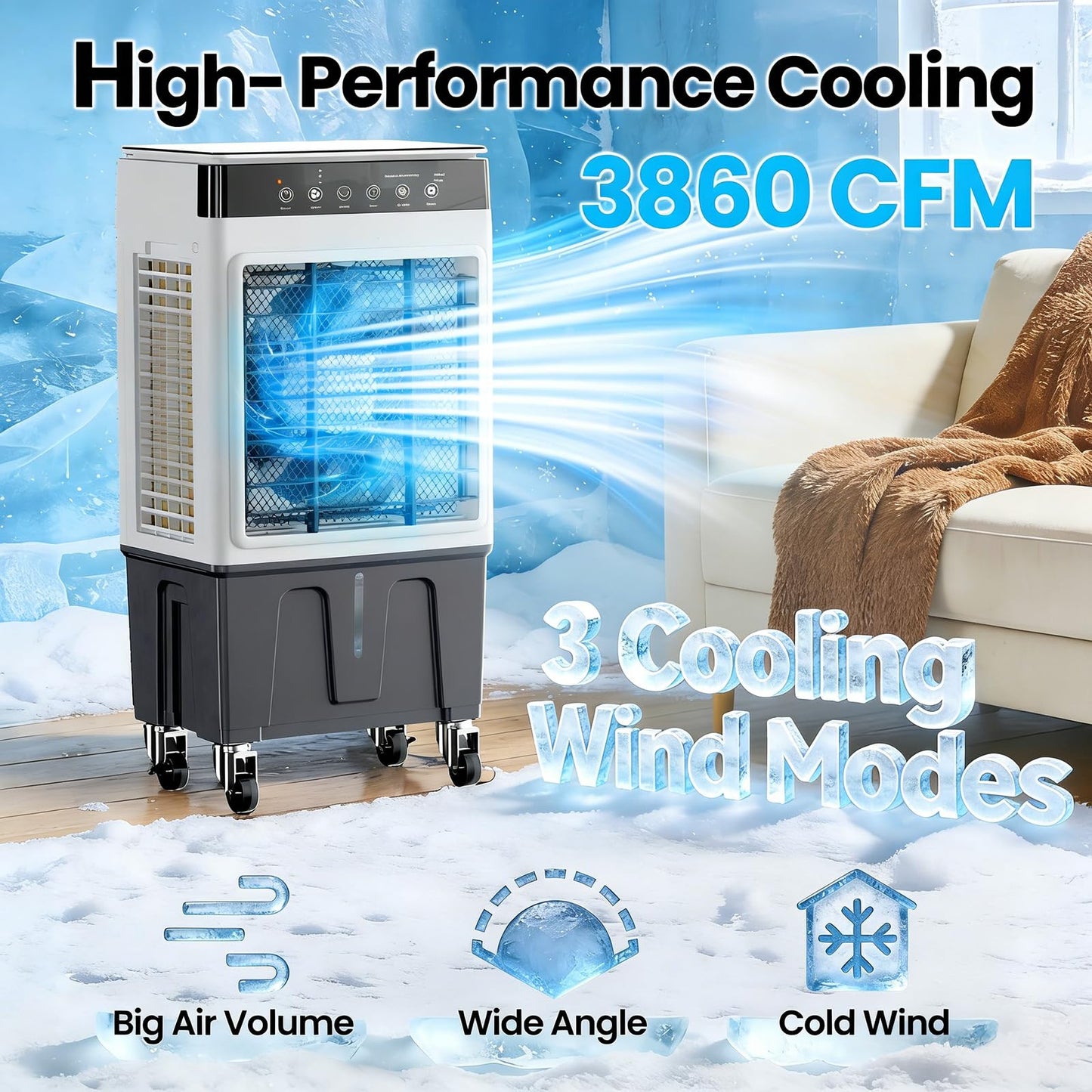 Portable Swamp Cooler Air Conditioner, 4-in-1 Evaporative Air Cooler with 7.5-Gal Tank for 30H Cooling, Dry-Burn Protection, Remote, 12H Timer, 4 Ice Packs, 120° Oscillation for Home Office Garage