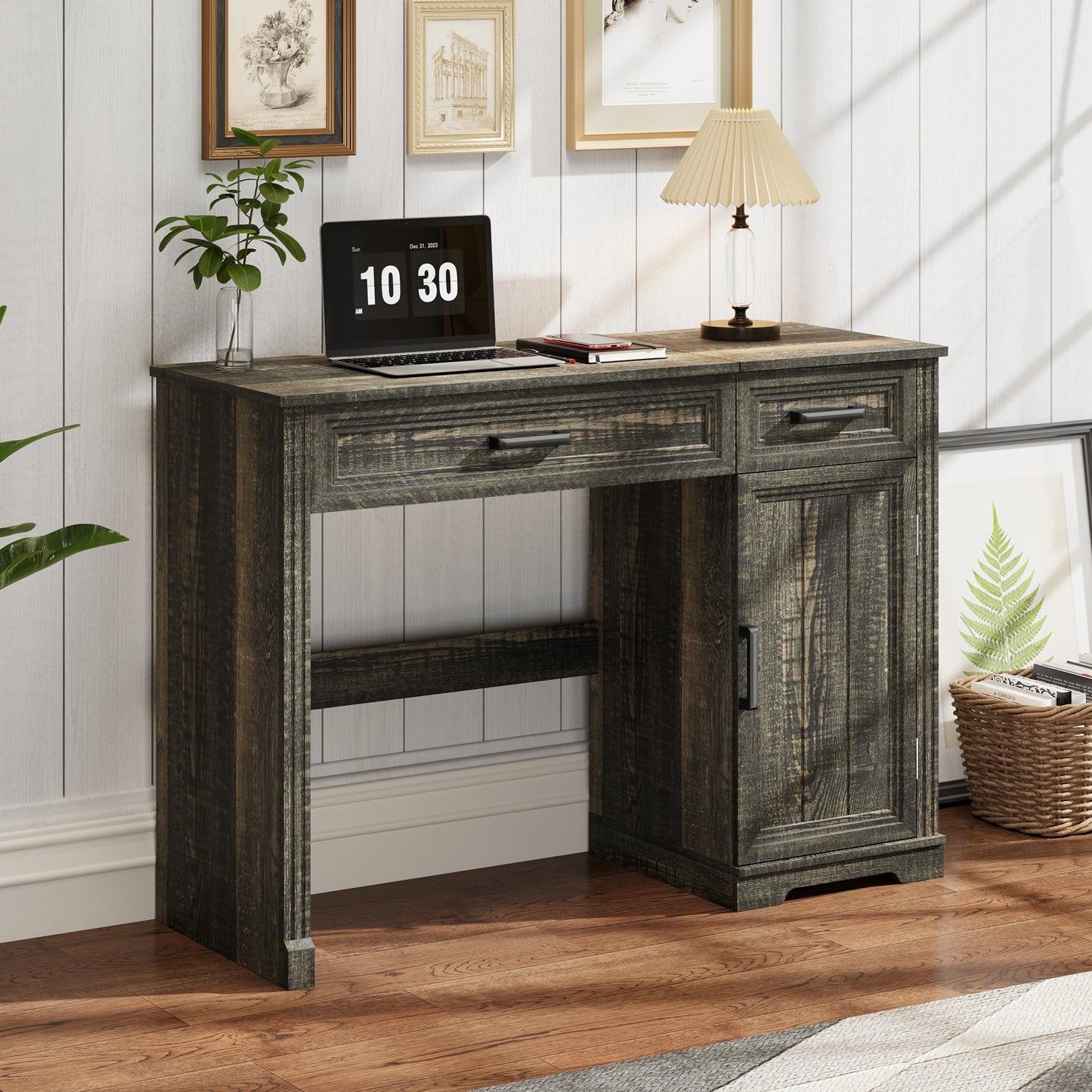 FOMNEY Farmhouse Vanity Desk with Flip Top Mirror, 43.3" W Makeup Vanity with Drawers, Storage Cabinet, Dressing Make Up Vanity Table for Bedroom, Wood Home Office Desk, Light Grey