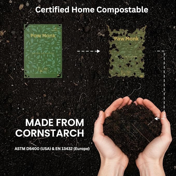 Paw Monk Heavy Duty Certified Home Compostable Dog Poop Bags Rolls – 20 Micron Extra Thick & Leakproof, Easy Open – 120 Count Unscented Plant Based Pet Waste Bags
