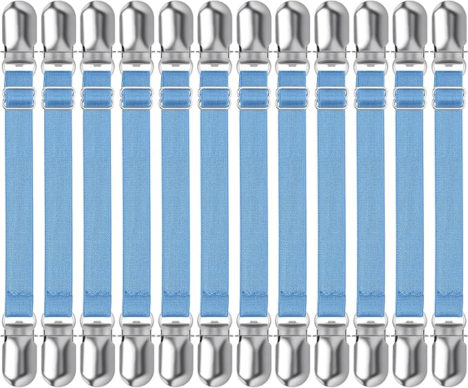 Boao 12 Pcs Bed Sheet Clips Straps Sheet Corner Straps Holder Adjustable Mattress Clips, Elastic Bed Grippers Suspender Fasteners Holder for Home(Sky Blue,4-8 Inch Length)