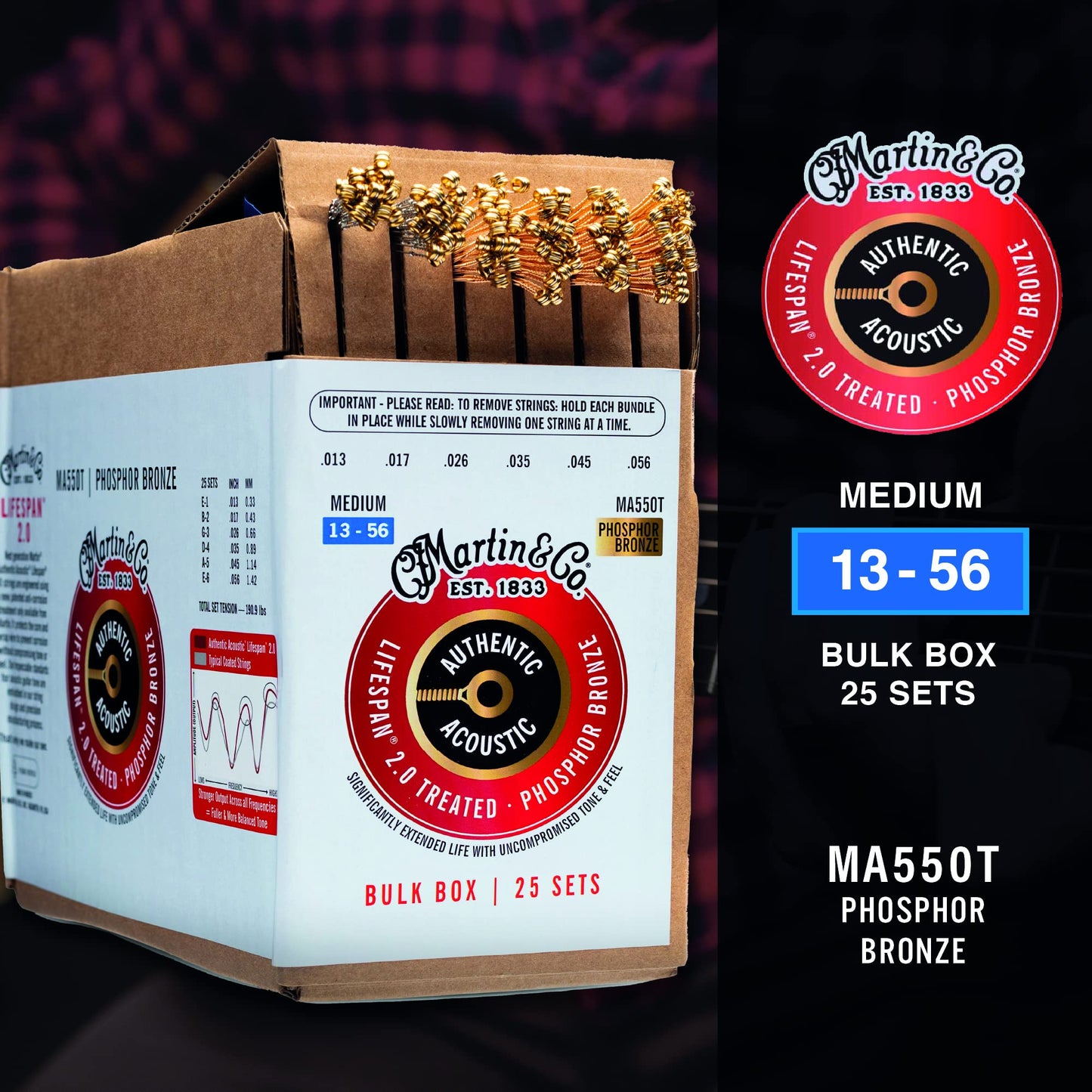 Martin Authentic Acoustic Lifespan 2.0 Guitar Strings - Phosphor Bronze, Medium Gauge, Bulk Box (25 Sets) | Bulk Box For Acousti