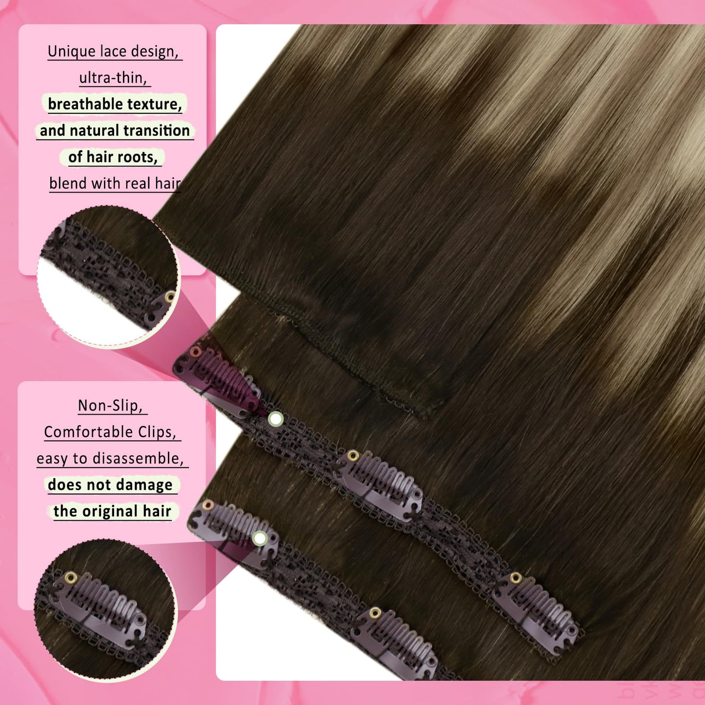 YoungSee Clip on Hair Extensions Brown Ombre Clip in Real Hair Extensions Dark Brown Ombre Light Brown with Blonde Remy Human Ha