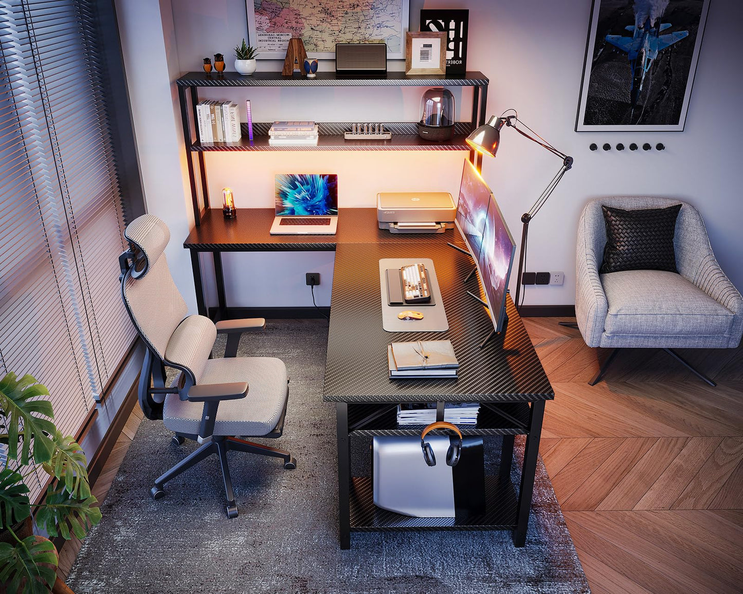 ODK 53" L Shaped Gaming Desk with Hutch & Headphone Hook, Corner Computer Table with Storage Shelves for Home Office, Black