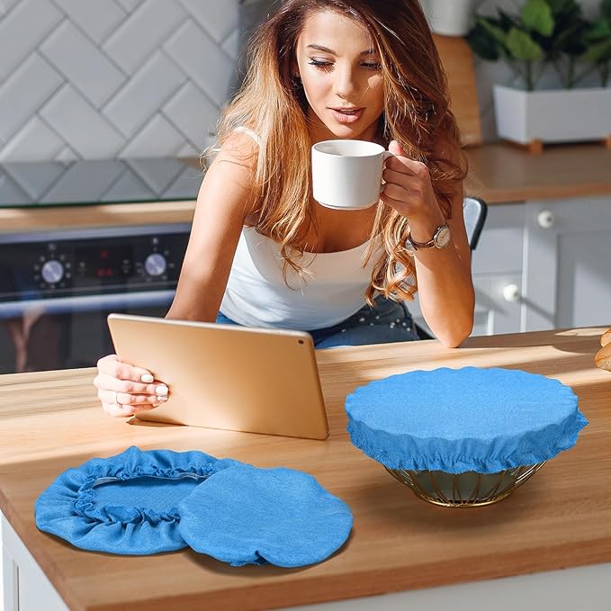Patelai 10 Pcs Bowl Covers Reusable in 5 Size Stretch Cloth Fabric Elastic Food Storage Bowl Covers Bread Sourdough Lids for Proofing Food Fruits Leftover(Blue,Blue Style)