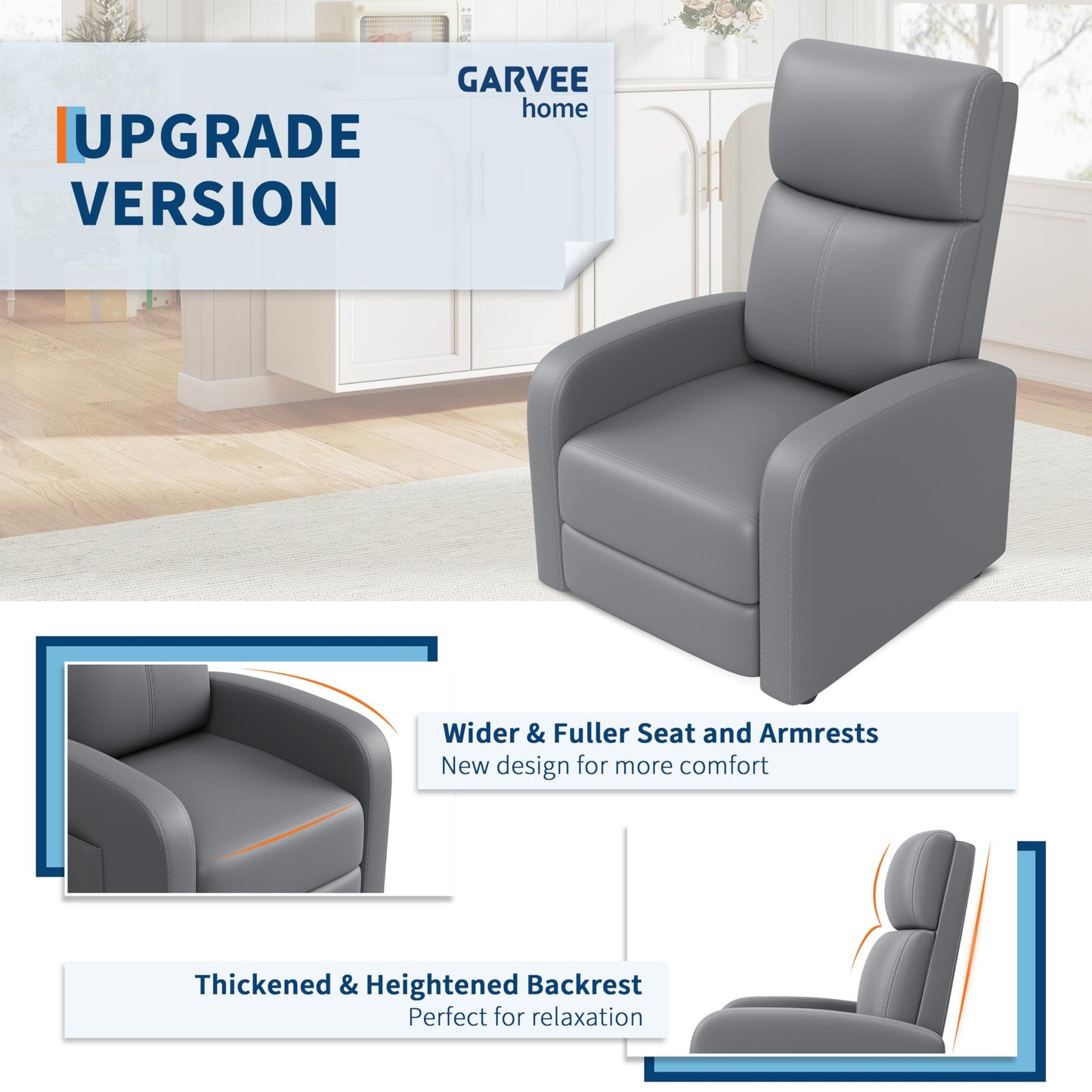 Recliner Chair for Adults, Adjustable Single Sofa with Side Pocket Tall Back Wide Arms Padded Seat, Home Theater Seating for Living Room,Gray