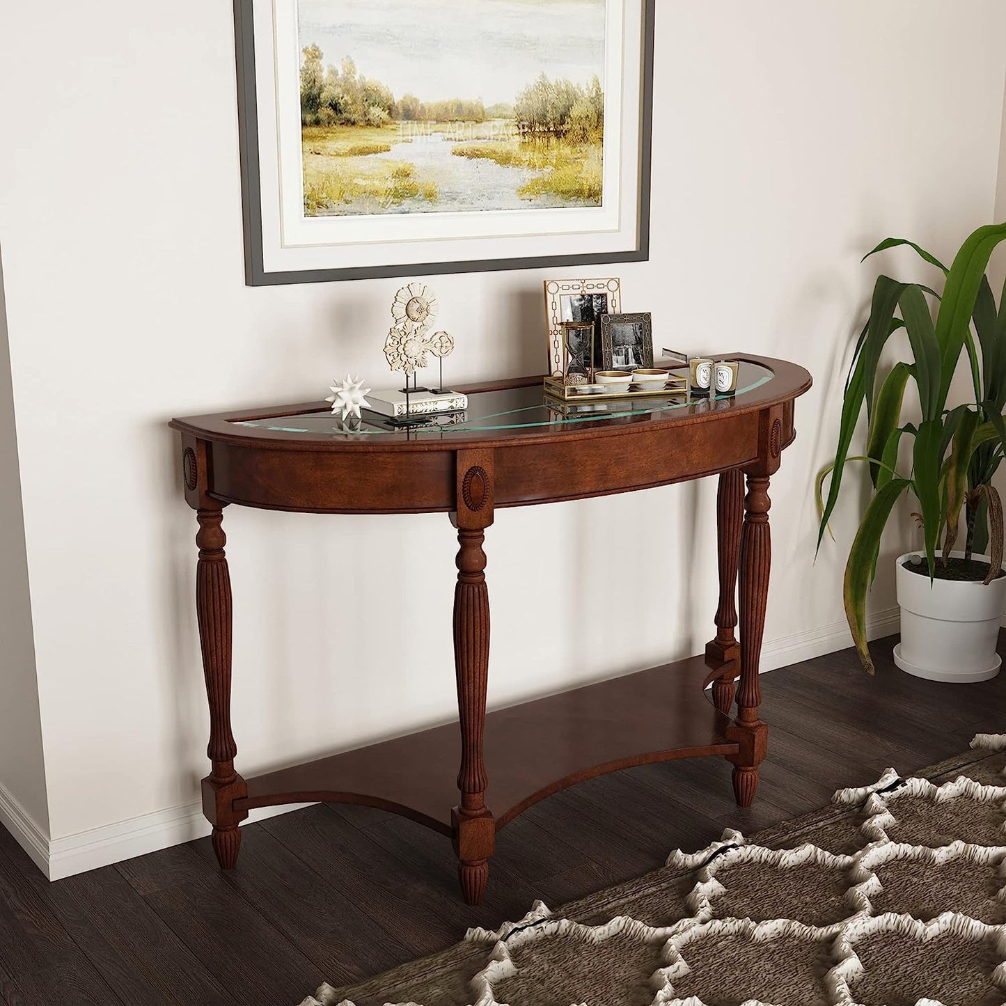 PADMA HOUSE Traditional Solid Wood Semi-Circle Sofa Table with Tempered Glass Top for Living Room, Cherry Walnut