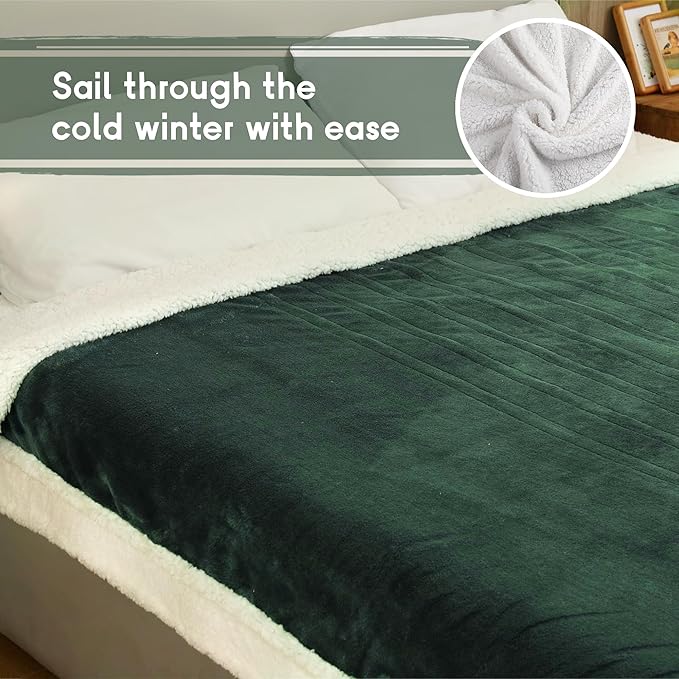 Heated Blanket Electric Throw Size 50''x60'' with 9 Heating Levels, 3 Hour Auto Shut Off, Machine Washable, Flannel & Sherpa Double-Sided Soft Warming Blanket for Couch, Bed, Office - Grass Green