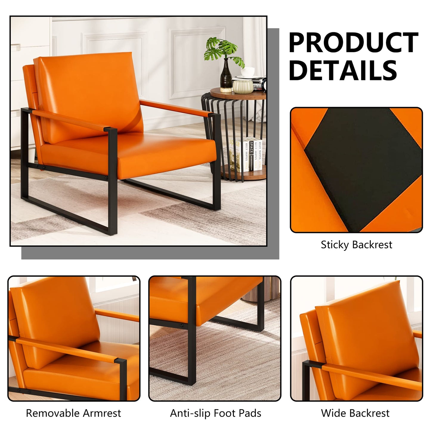 AWQM Modern PU Leather Accent Chair Arm Chair with Extra-Thick Padded Backrest and Seat Cushion Sofa Chairs for Living Room Bedroom, 105 Degree Slant Back, Non-Slip Adsorption Feet, Orange
