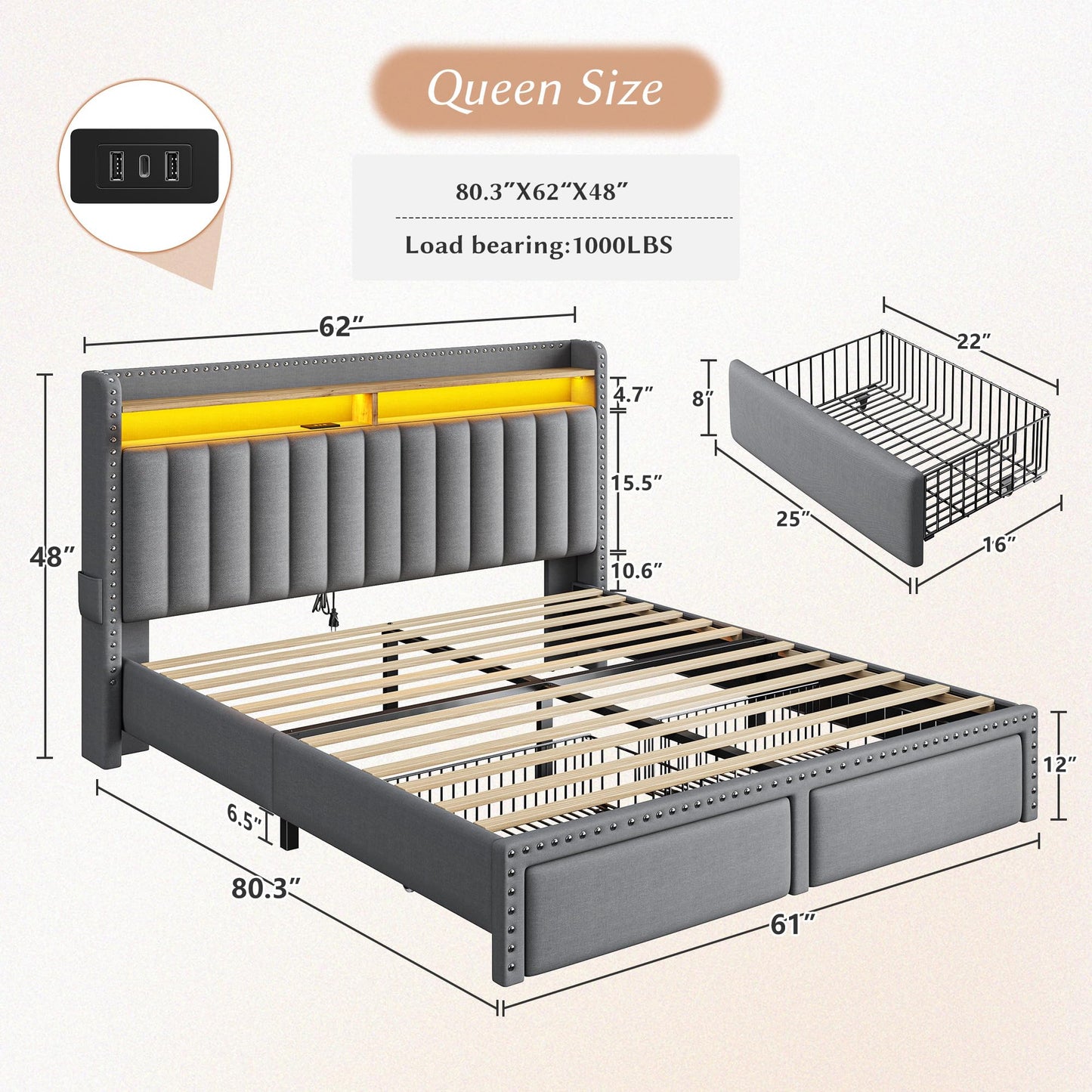 EnHomee Queen Bed Frame with 2 Storage Drawers, Upholstered Platform Bed with LED Lights and Charging Station, Sturdy Wooden Slats Support, No Box Spring Needed, Noise Free, Grey