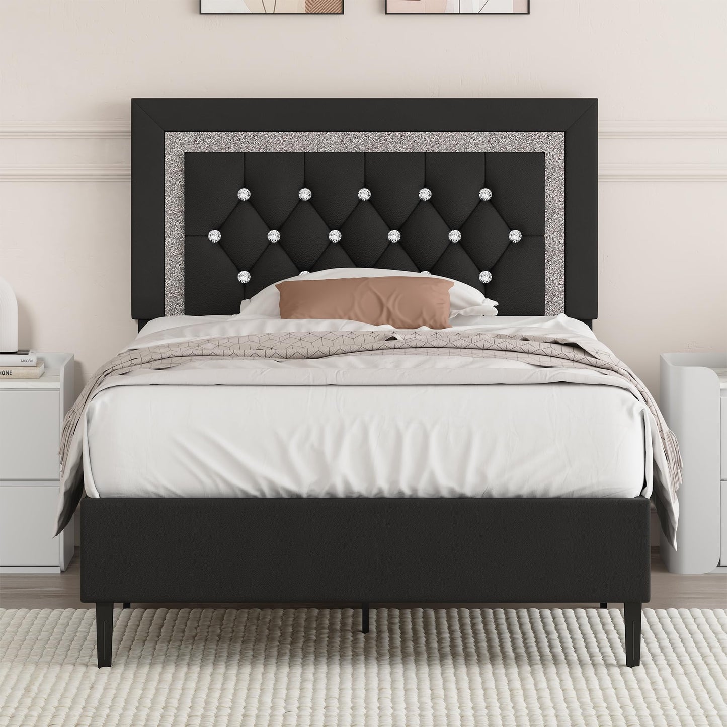 Twin Bed Frame with Tufted Button Headboard, Upholstered Platform Bed Frame with Diamond Design, Wood Slat Support, No Box Spring Needed, Easy Assembly, Black