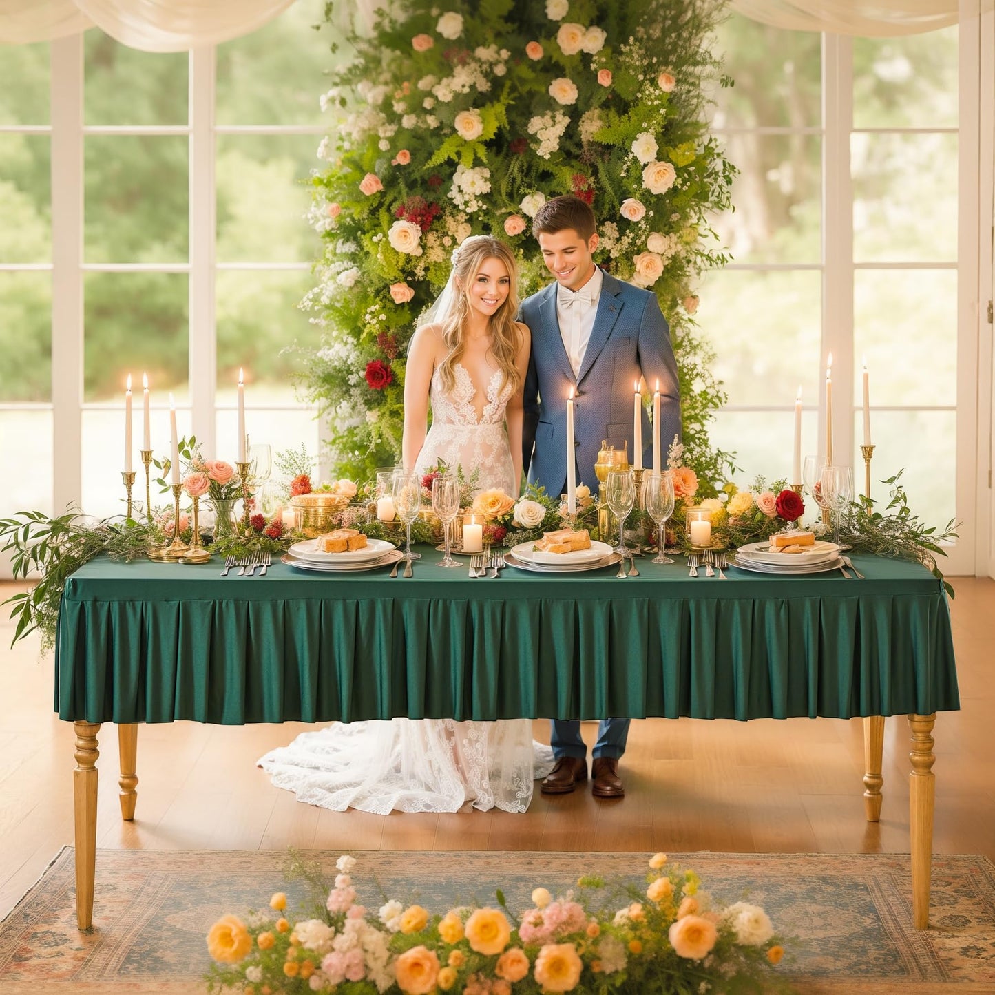 Wish Care Hunter Green Spandex Table Clothes for 8 Foot Rectangle Tables Wrinkle Free Ruffle Tablecloth with Pleated Skirt Stretch Fitted Table Covers for Wedding Birthday Christmas Party Banquet