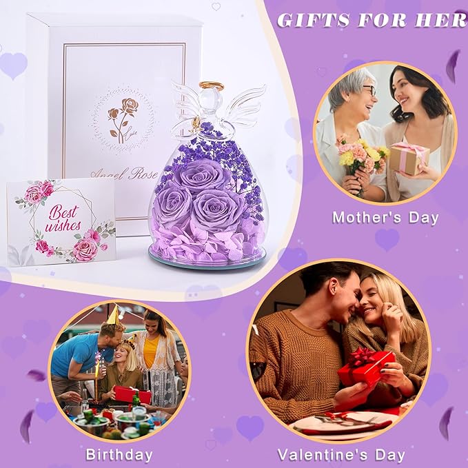 Beferr Valentines Day Rose Gifts for Her Women Mom Gifts for Birthday, Fresh Flowers for Delivery Forever Preserved Rose in Glass Angel Figurine, for Grandma Wife Daughter Girlfriend