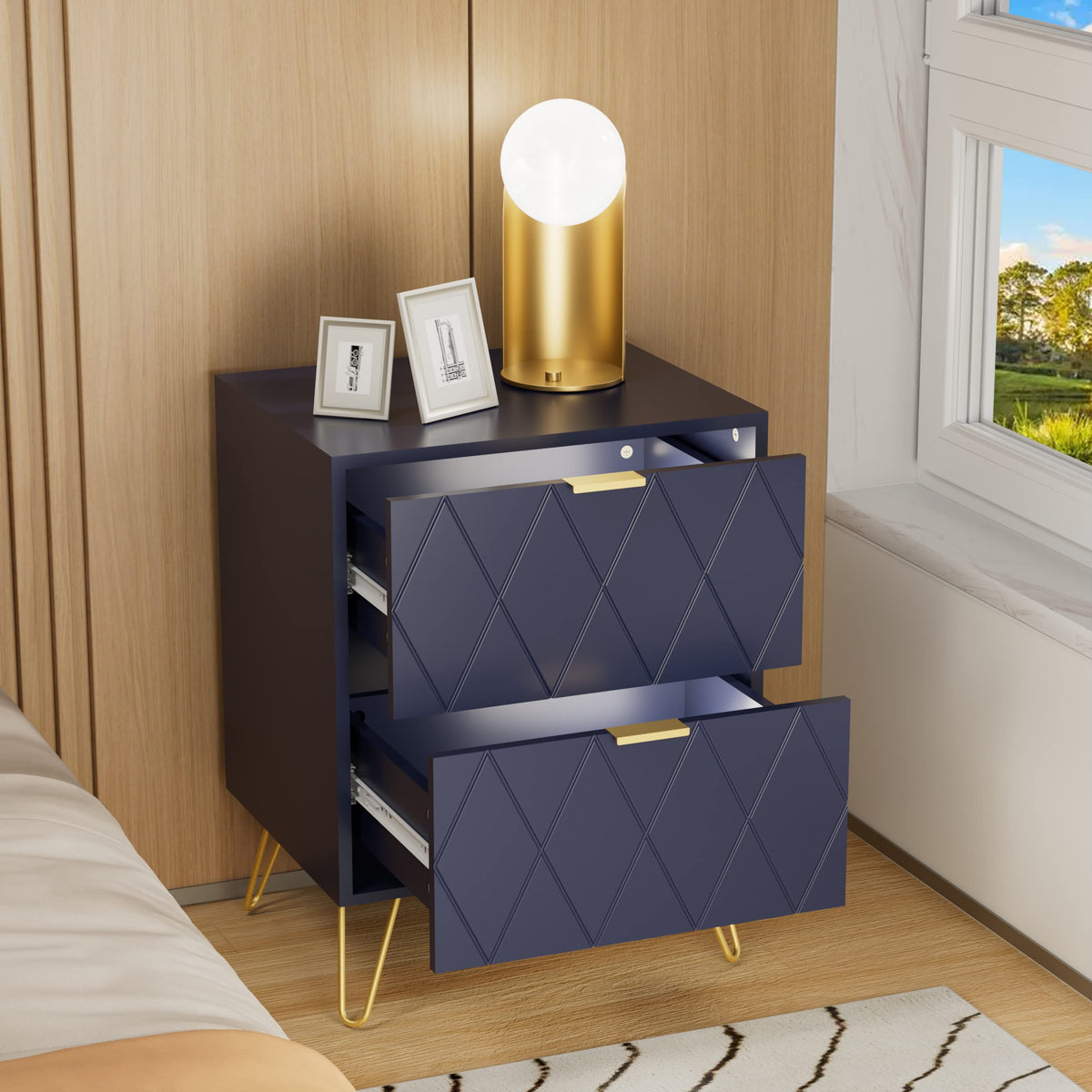 Anbuy Bedroom Sets 3Pcs Navy Blue Modern Nightstand Sets and 9 Drawer Dresser for Bedroom, Two Drawers Nightstand Set of 2 & 9 Drawer Dresser Combo 3 Pieces (Navy Blue)
