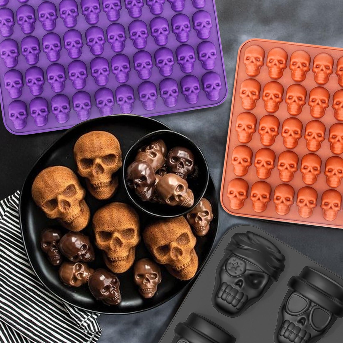 Mini Skull Molds Silicone Halloween for Candy Gummy Chocolate, 100 Cavity 2 pcs Small Head Shapes Freezing Tray Party Homemade 3D Caprese salad Wax Melts DIY Moulds BPA Free Kids Oven Safe