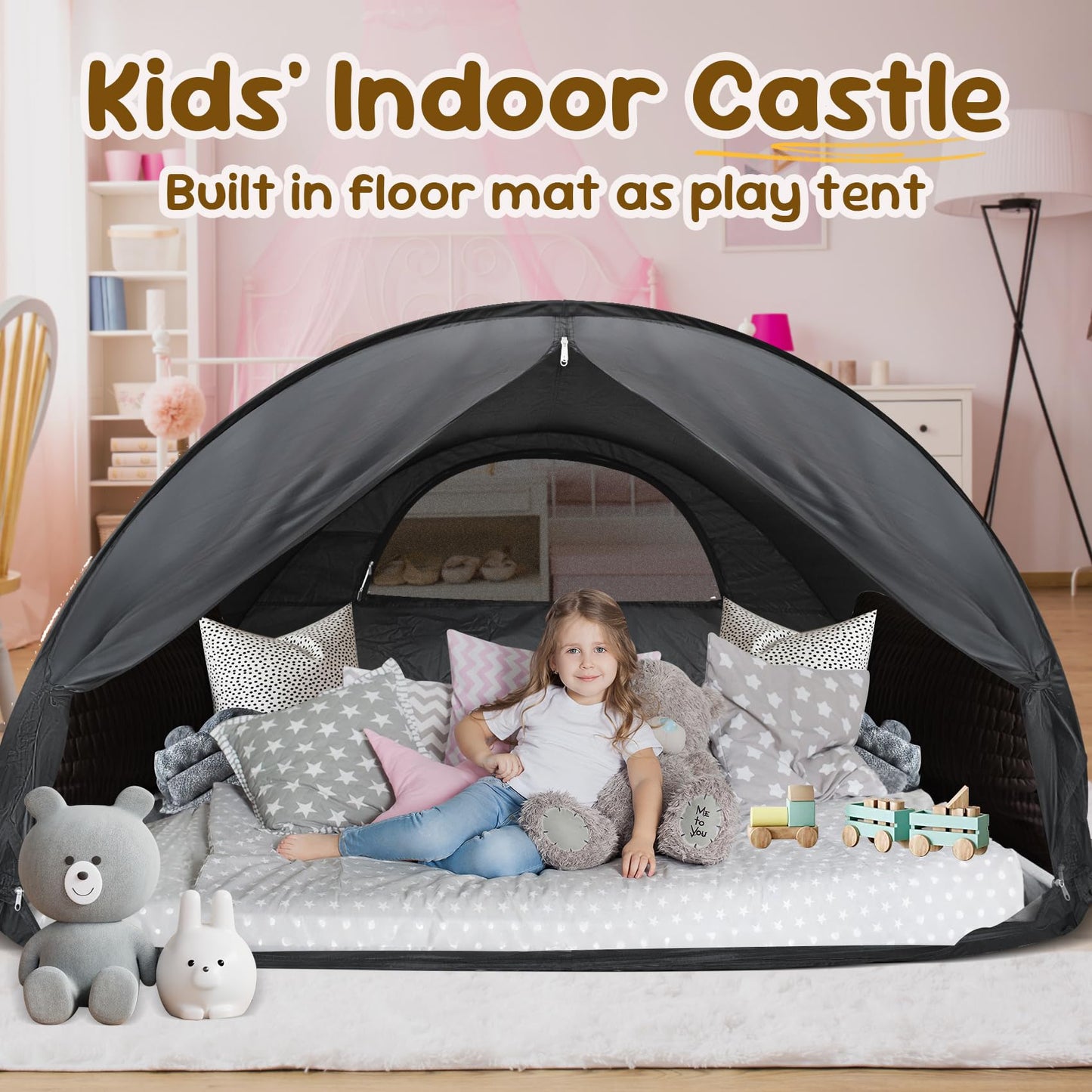 LEEDOR Pop Up Bed Tent with Mesh & Shade Cloth Window,Bed Canopy Shelter Cabin Indoor Privacy Space Sleeping Tents,Blackout Light Reduction Breathable Dream Tent with Portable Bag for Kids Adults Full