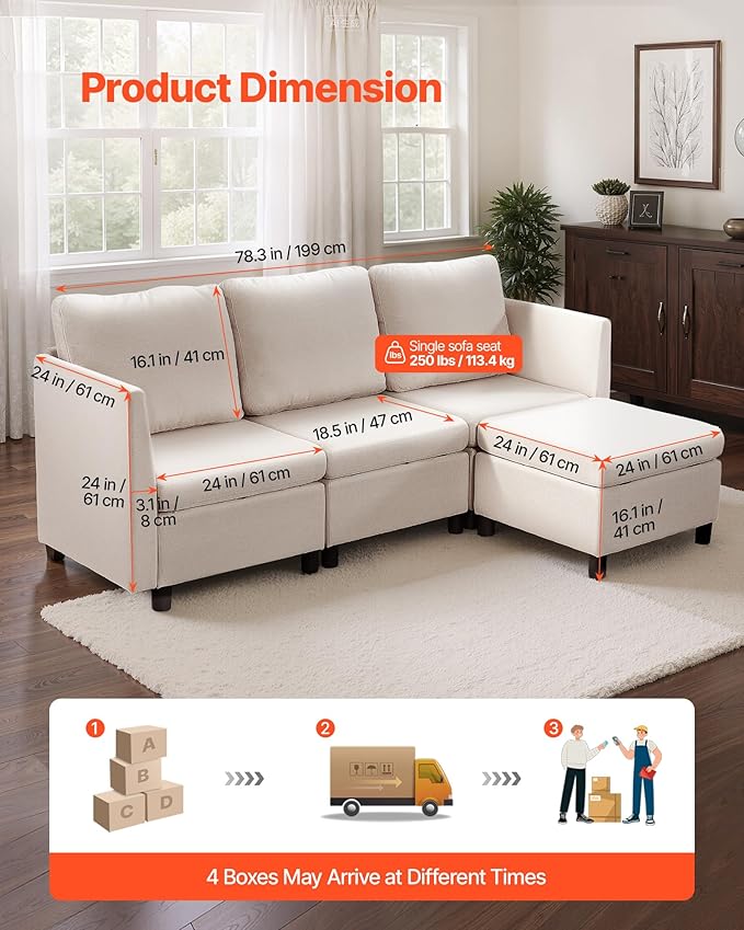 VEVOR Modular Sectional Sofa, 3-Seater Modular Sofa with Hidden Storage, Customizable Cloud Sectional Couch with Ottoman, Solid Wood Frame Upholstered Couch for Living Room, Bedroom, Beige