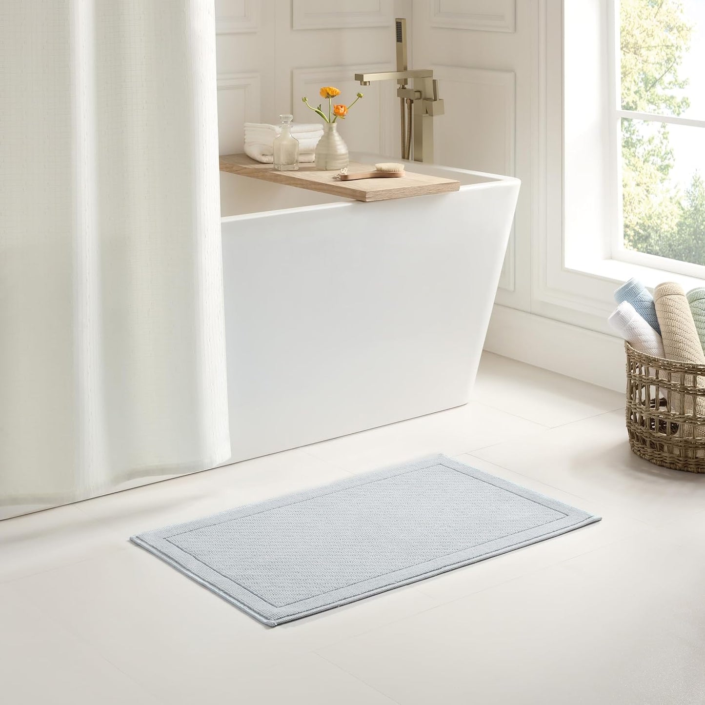 Arkwright 100% Cotton Bathroom Rug - High Absorbent Stylish Textured Woven Design Bath Mat, Slip Resistant Backing for Shower and Bathtub Floor, 24x36 in - Blue