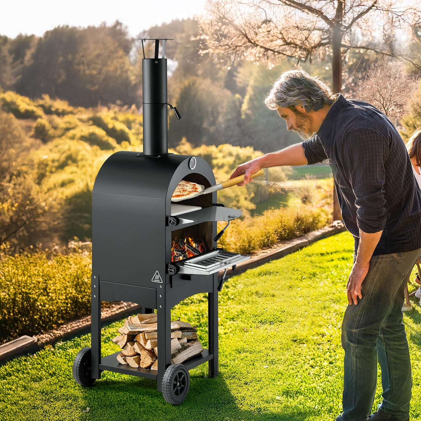 VEVOR Outdoor Pizza Oven, 12" Pellet Fire Ovens, 2-Layer Pizza Oven Wood Fired, Wood Burning Outdoor Pizza-Oven with 2 Removable Wheels, 1000℉ Max Temperature Fired Pizza-Maker Ovens for Barbecue