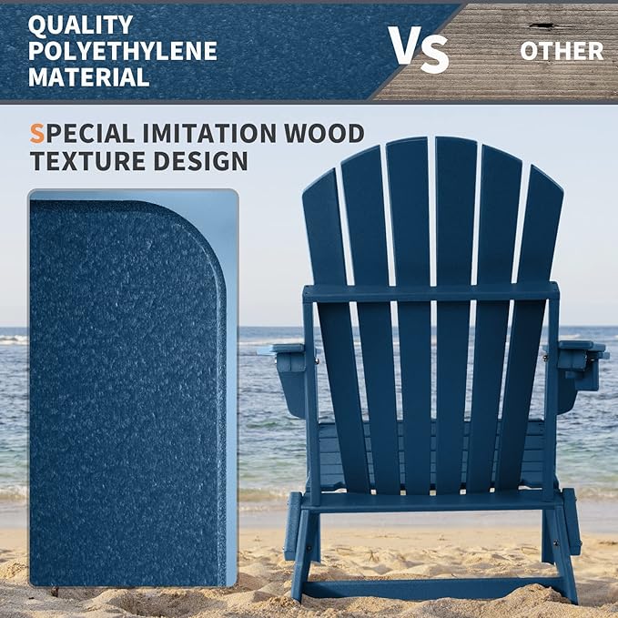 FUNBERRY Folding Adirondack Chair Set of 3, All Weather HDPE Fire Pit Chairs with Cup Holder for Outdoor