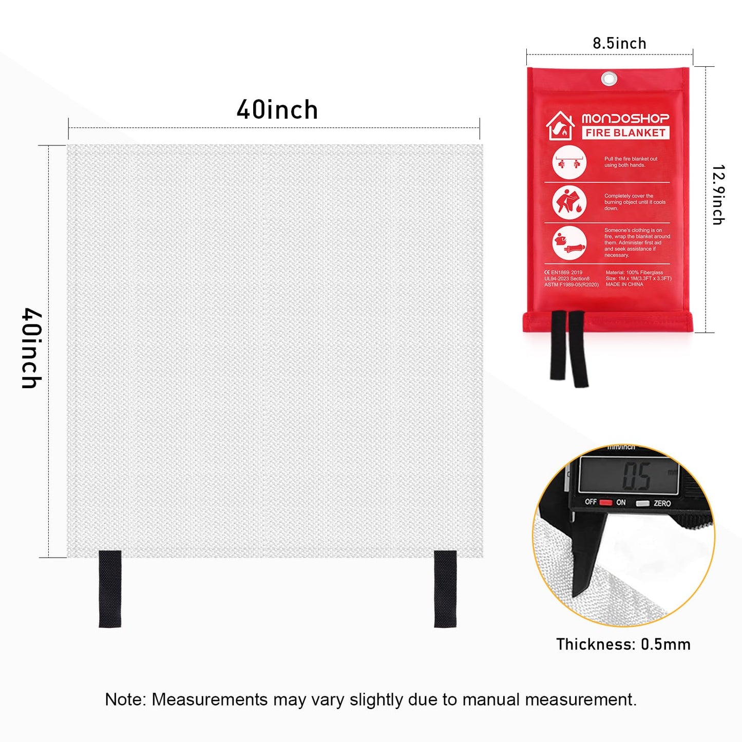 Mondoshop Fire Blanket for Home and Kitchen - Emergency Fire Suppression Blankets Fireproof Blanket Fire Retardant Blankets for Car, Fireplace, Camping, Picnic, Grill