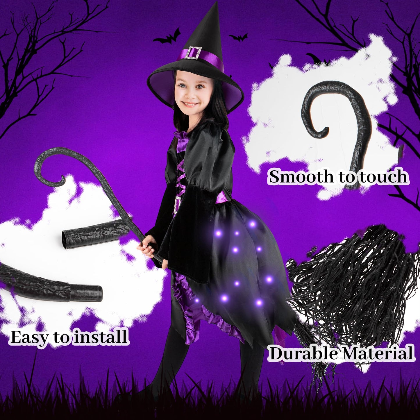 Kiddokids Witch Costume for Girls- Light-Up Dress with Hat & Broom Accessories, Halloween Costume Set for 3-12 Years, Purple Witch Outfit for Halloween Parties & Role Play