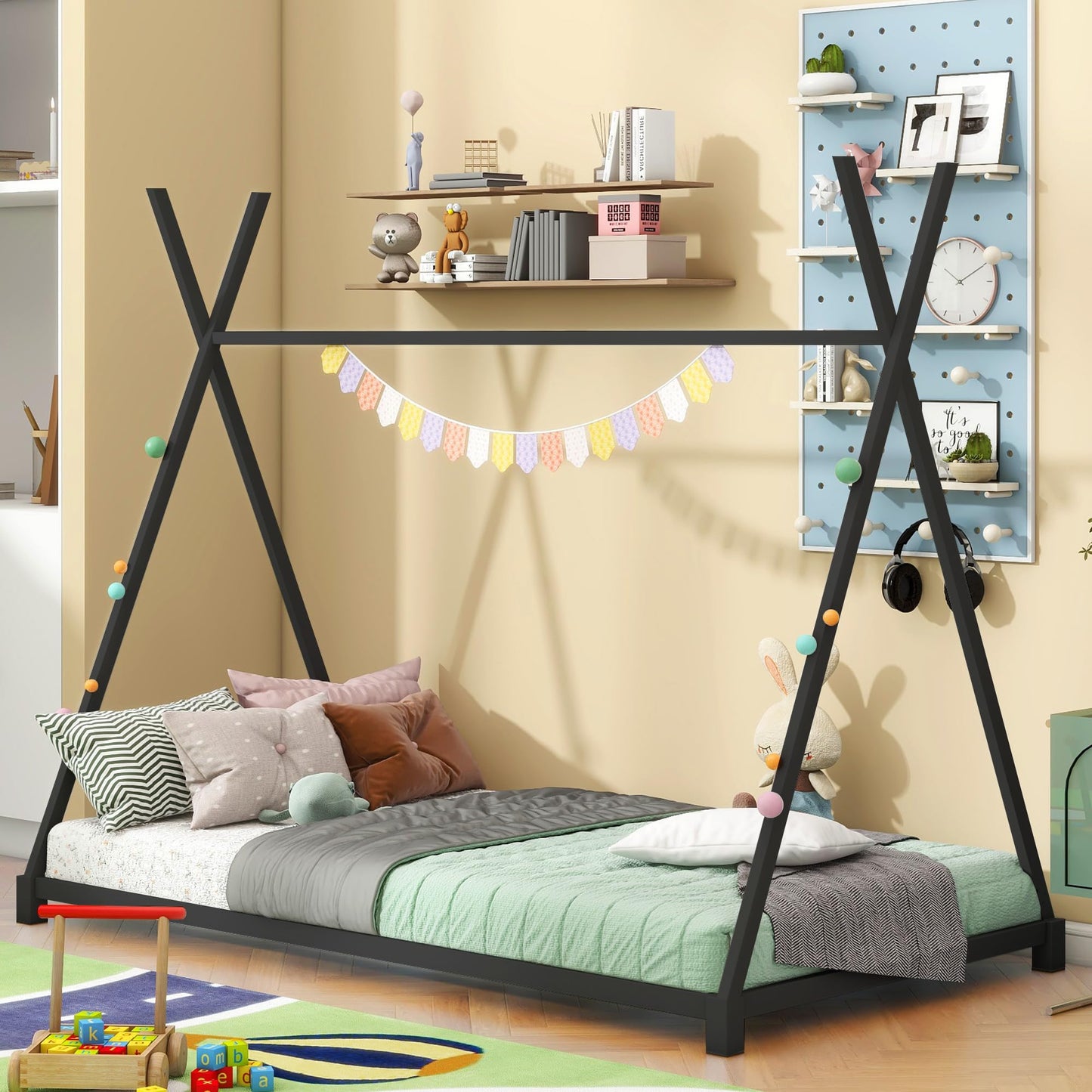 kuurfuurdo Twin Size House Bed for Kids, Metal Montessori Floor Bed Platform BedFrame with Triangle Structure Tent with Slat for Kids Girls Boys, No Box Spring Needed Easy Assembly