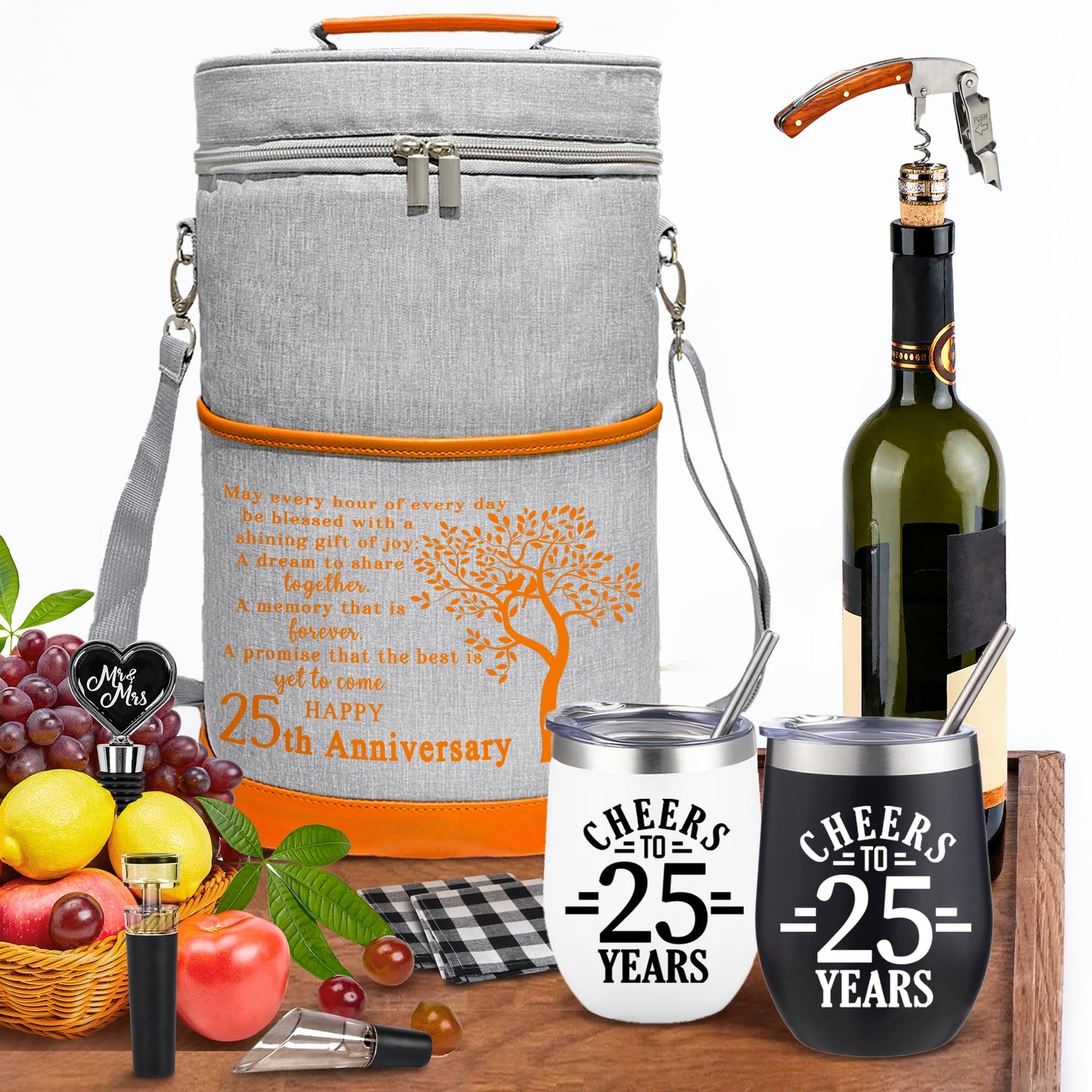 Dolficy 25th Anniversary Wine Cooler Bag Gift for Couples, Wedding Gifts for Parents, Friend, Her, Him, 25 Years Mr. & Mrs Insulated Cooler Tote, Tumbler and Accessories