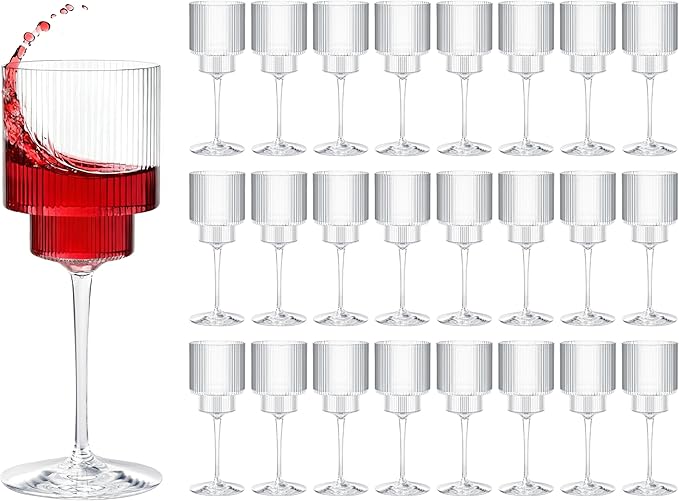 24PCS Ribbed Plastic Wine Glasses - 12oz Unbreakable Wine Glasses with Stem, Disposable Clear Plastic Champagne Cups with ...