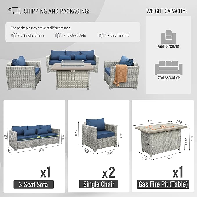 WAROOM Patio Furniture Set 4 Piece Wicker Conversation Sets PE Rattan Chair Outdoor Couch Sectional Sofa with Fire Pit Table, Navy Blue Cushion