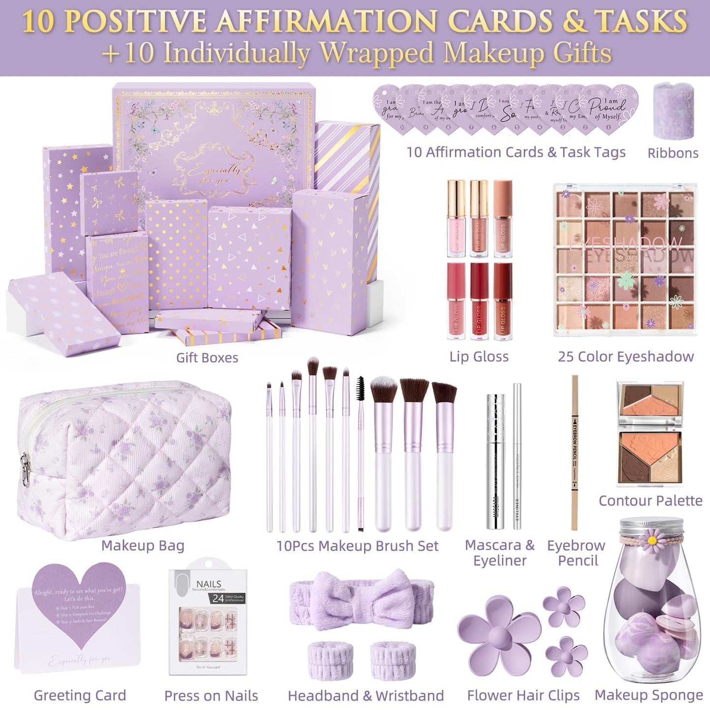 Teen Girl Gifts Trendy Stuff, 10 Positive Affirmation Cards & Empowering Challenges to Unlock 10 Wrapped Makeup Gift Set Motivational Birthday Valentines Day Gift Basket for Tween & Teenage Girls