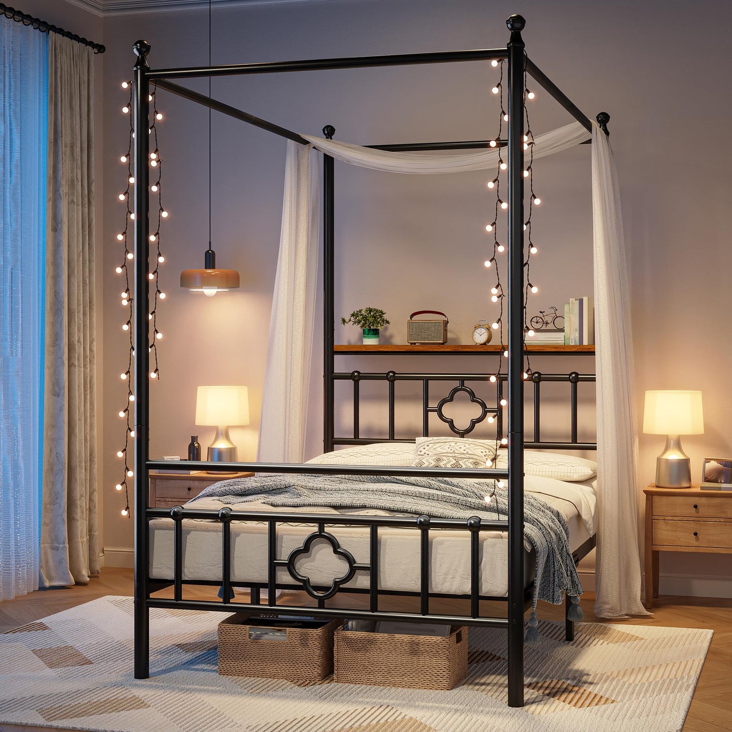 Homkdom Canopy Bed Frame with Storage Headboard, Twin Size Bed Frame with 4 Removable Posts, Sturdy Metal Platform with Under-Bed Storage, Dual Purpose Bed Frame, No Box Spring Needed, Black