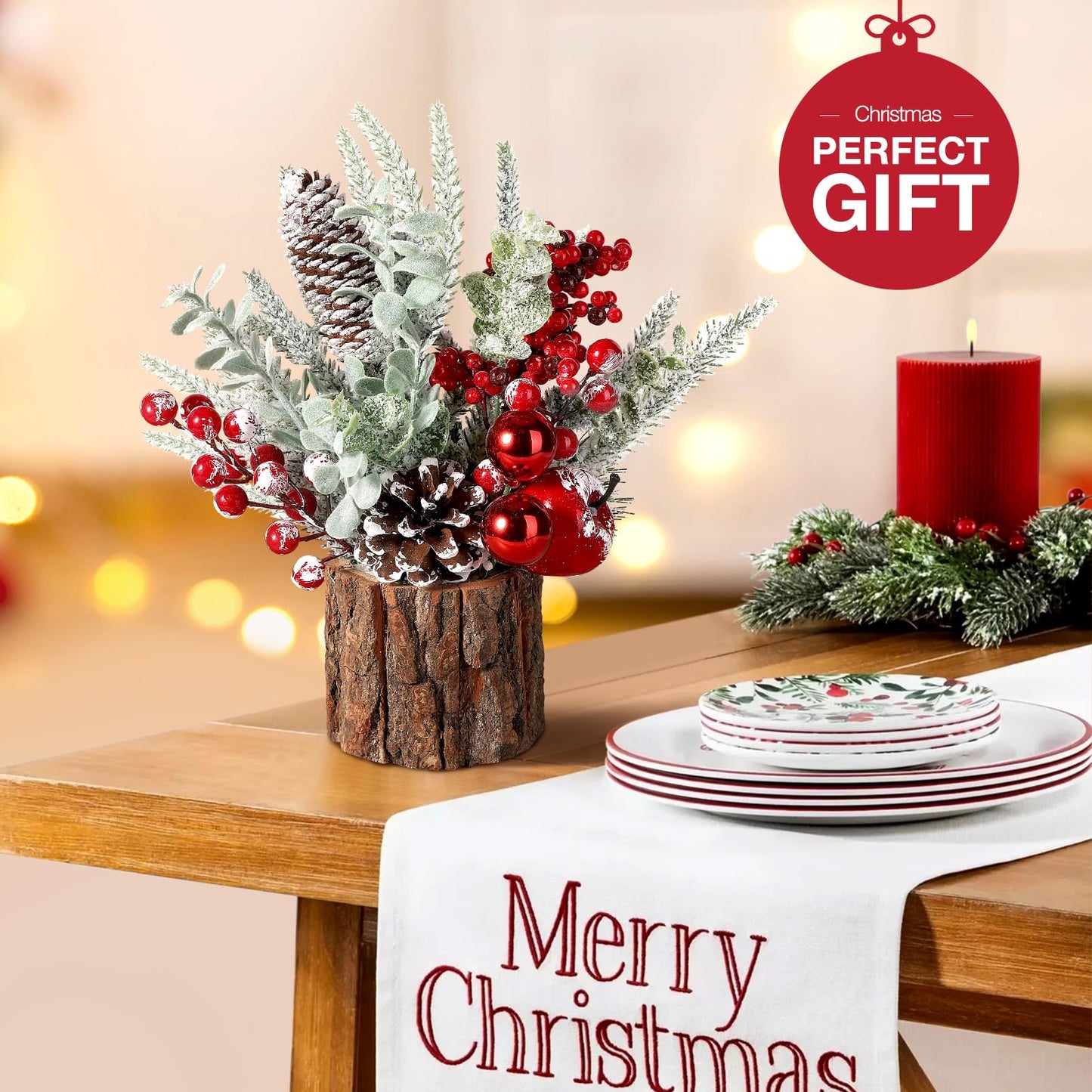 Hatisan Small Christmas Tree with Christmas Ornaments Pine Cone Berry, Tabletop Artificial Christmas Tree for Christmas Decorations Home Room Party Winter Indoor Outdoor(2 Pack Red-Round)