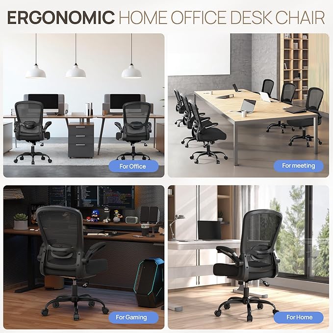 Mimoglad Ergonomic Office Chair - BIFMA Certified, Flip-up Armrests & 135° Recline, Adjustable Lumbar Support - Space-Saving Task Chair for Business/Team Office & Home (Black, 350lbs)