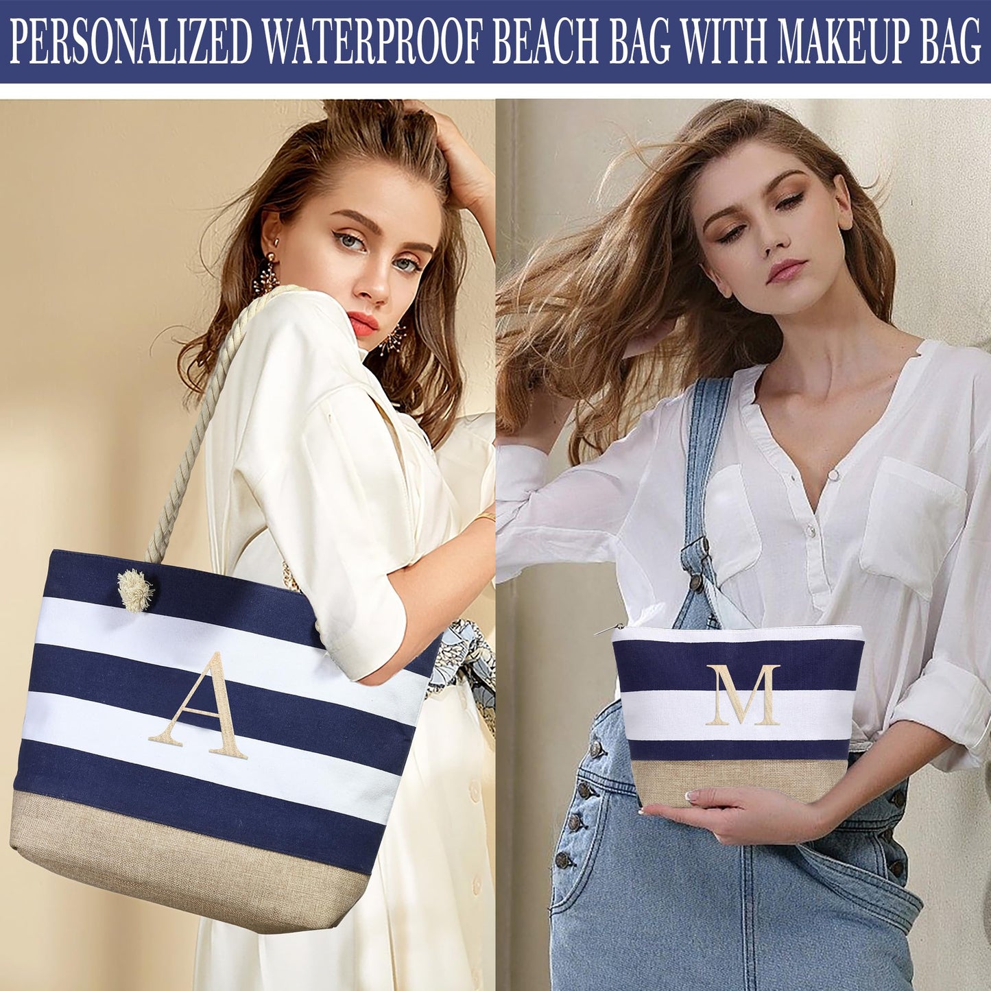 YOOLIFE Travel Tote Bag for Women - Monogram Beach Bag with Zipper Makeup Bag Travel Essentials Personalized Birthday Gifts for Women Her Wife Girlfriend Mom Friend Bridal Shower Bridesmaid Gifts J