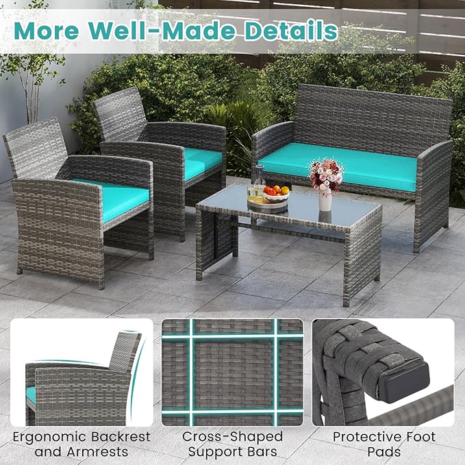 Tangkula 4 Piece Patio Wicker Furniture Set, Outdoor Heavy Duty Rattan Cushioned Chairs, Loveseat and Tempered Glass Coffee Table, for Backyard, Balcony, Poolside