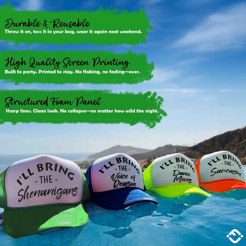 Funky Junque Neon Party Trucker Hats - Funny Foam Mesh Snapback Caps for Bachelorette Parties, Girls Weekend Trips, Birthdays, Festivals & Bride Crew Gifts - 8 Pack - Shenanigans