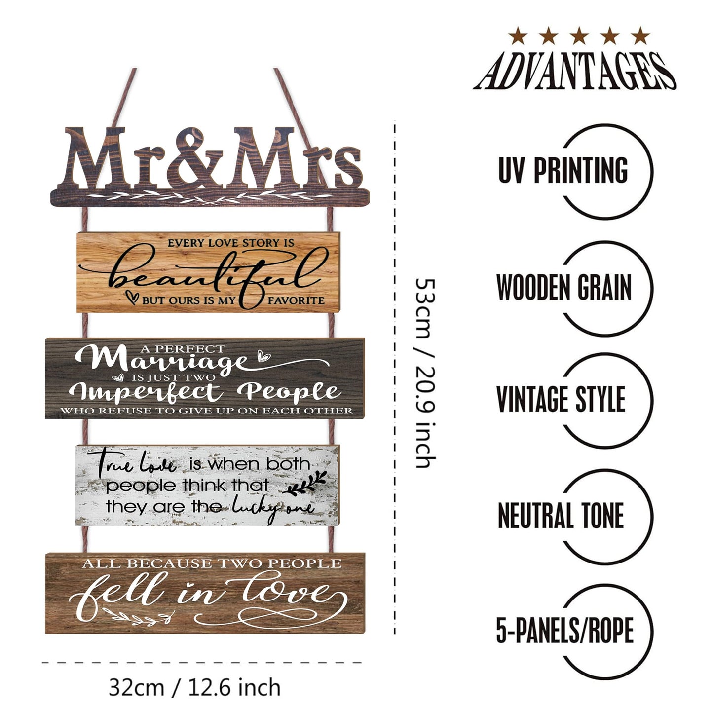 Mr & Mrs Rustic Wall Collage Sign with 5pcs Panels Strung Together - Marriage Wedding Engaged Anniversary Shower Farmhouse Distressed Wall Decor - Sweet Warming Gifts for Wife Husband Couples