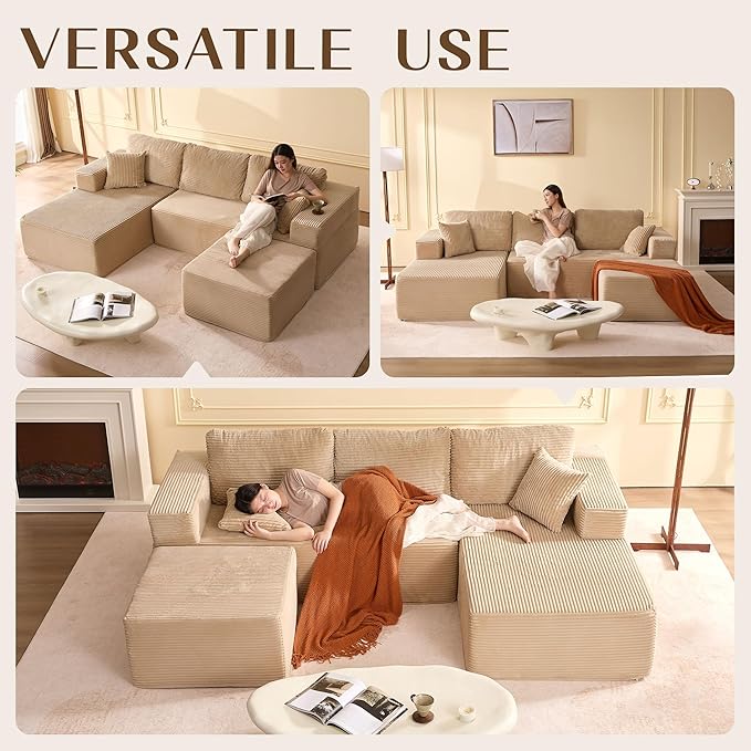 Afuson 107" Boneless Couch with Deep Seat, Modular Sectional Sofa, Cloud Sectional Couch for Living Room, No Assembly Required, Corduroy, U-Shape 3 Seater Left, Camel