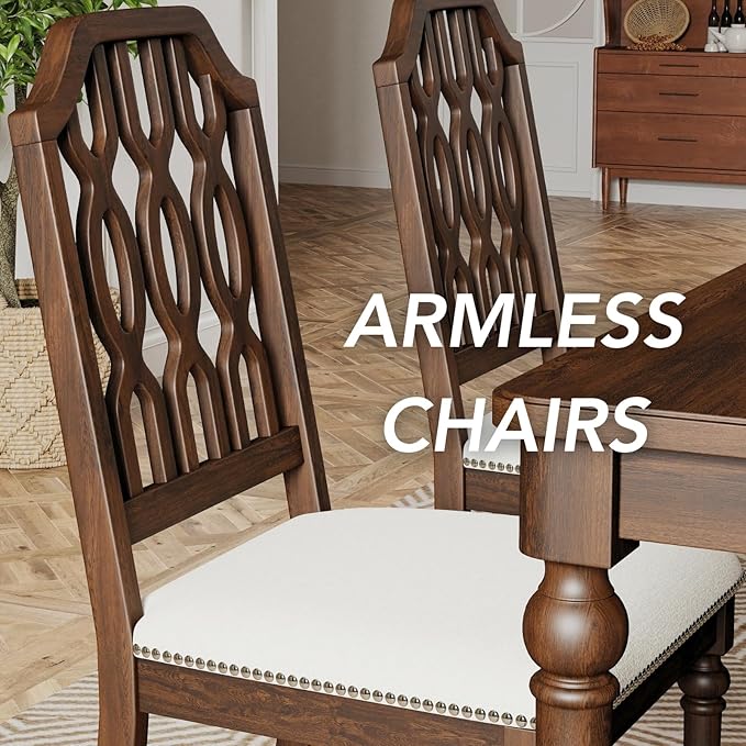 chairus Farmhouse Dining Chairs Set of 2, French Country Vintage Wooden Dining Room Chairs with Lattice Back & Turned Legs, Rustic Chenille Upholstered Nailhead Trim Side Kitchen Chairs, Walnut Brown