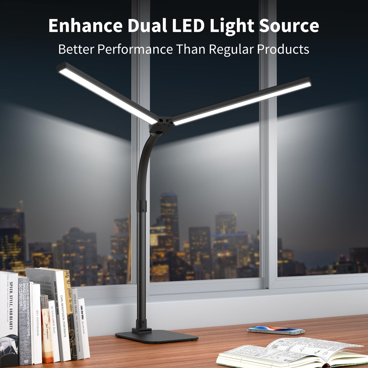 Kaulsoue Desk Lamp Architect Task Dual Head Modern Flexible Gooseneck Tall Dimmable Light for Home Office, 5 Color Modes,Remote Control, 1500lm 24W Extra Bright Lighting