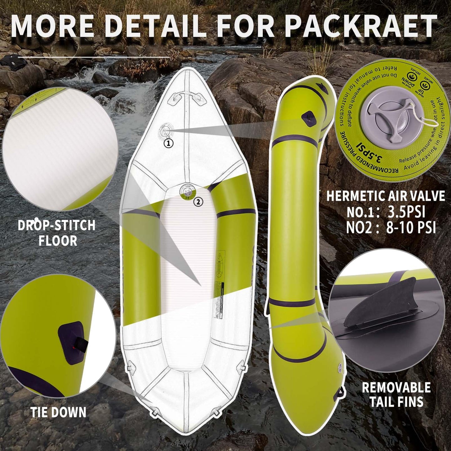 JUSTOOP PVC Packrafts,1 Person Packraft for Flat Water Rafting Camping Trip/Fishing/Water Adventures, Travel Kayak with Two-Way Manual Pump, 300lb Weight Capacity, Green