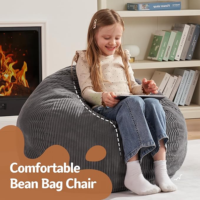 Homguava 2FT Bean Bag Chair,Teardrop Bean Bags Small Beanbag Chair with Memory Foam Filled and Ultra Soft Corduroy Cover for Living Room, Bedroom (Grey)