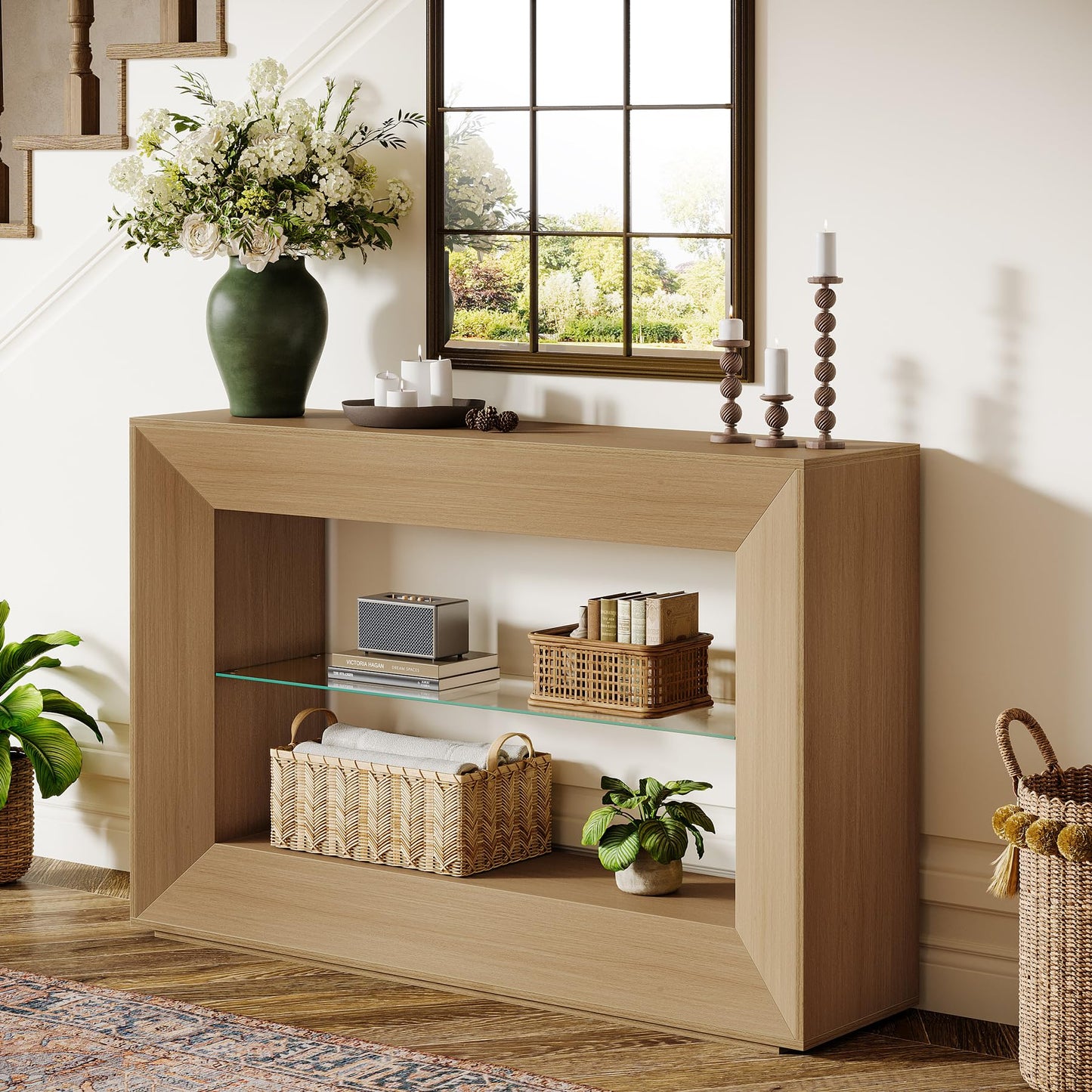 Tribesigns 55-Inch Sofa Table, 3-Tier Farmhouse Console Table with Glass Storage Shelf for Living Room, Entryway, Couch, Hallway, Foyer, Oak
