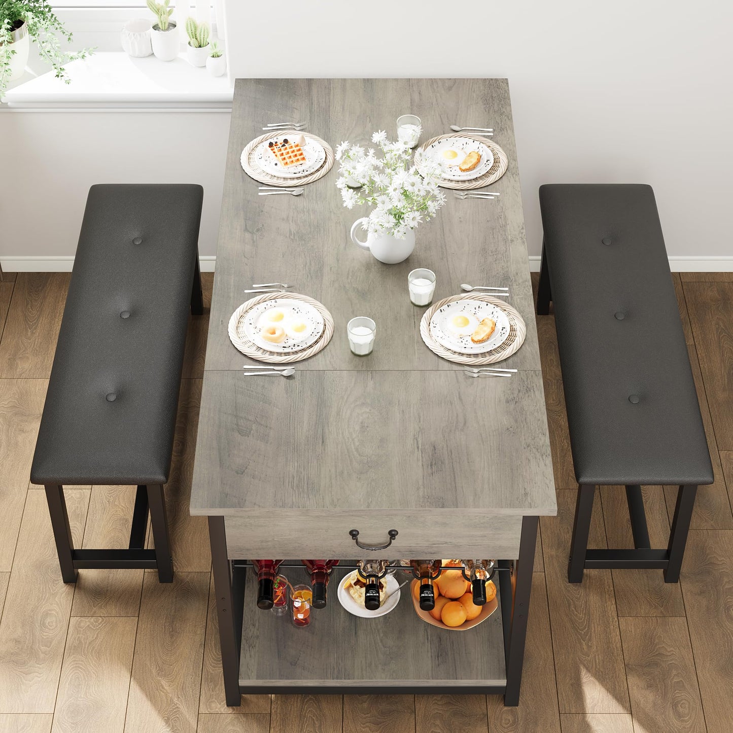 Dining Table Set for 4 People, Kitchen Table Set with 2 PU Leather Upholstered Benches, MDF Wood Board Dining Room Table Set with Drawer & Wine Rack for Breakfast Nook, Apartment, Small Spaces
