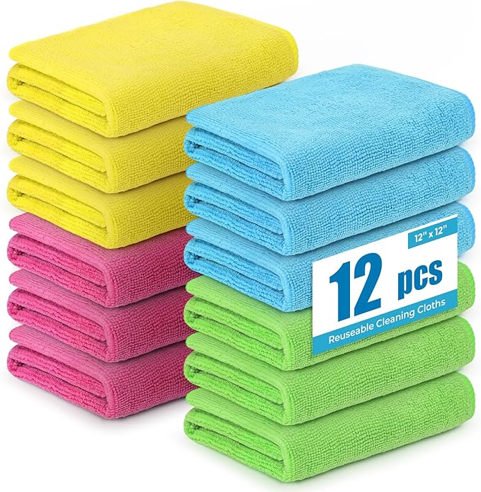 Microfiber Cleaning Cloths 12x12IN 12Pack Colour Lint Free Kitchen Cloths - Extra Thick, Streak-Free, Lint-Free, Fast Absorbent - Reusable Multi-Purpose Housekeeping Rags for Cars, Dishes, Floors