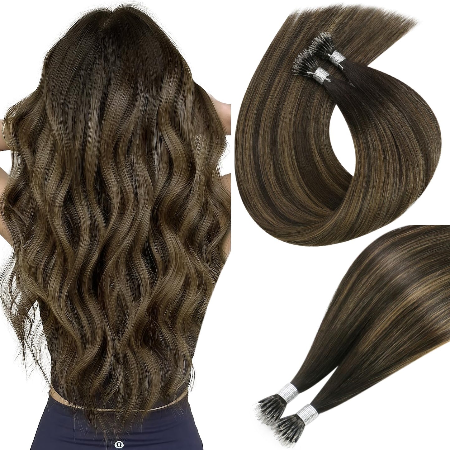 Easyouth Nano Hair Extensions Human Hair Balayage Nano Bead Hair Extensions Balayage Dark Brown with Brown Nano Human Hair Exten