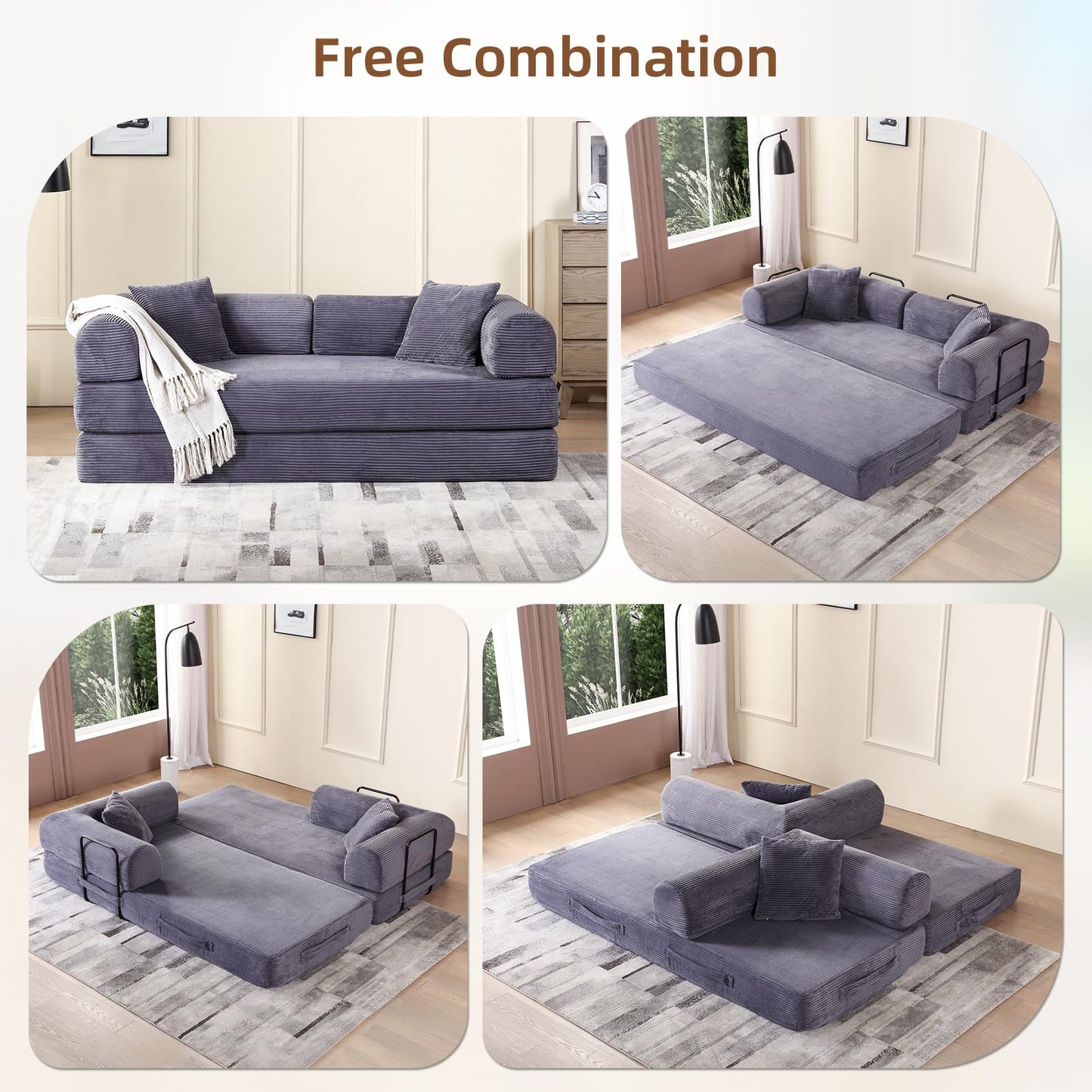 Rovibek 4-in-1 Convertible Sleeper Sofa Bed Queen Size, Foldable Floor Couch Corduroy, Folding Futon Sofa Beds with Pillow and Fixed-Shape Frame, Suitable for Living Room, Bedroom, Lounge, Slate Gray